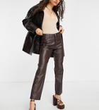 River Island Petite Faux Leather Straight Leg Pants In Brown