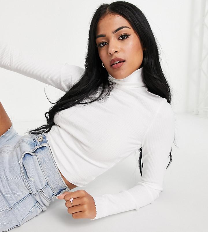 Asos Design Tall Roll Neck Crop Top In Rib In White