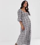 Asos Design Maternity Puff Sleeve Button Through Maxi Dress In Check-multi
