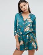 Asos Satin Floral Print Shirt Romper With Contrast Binding - Blue