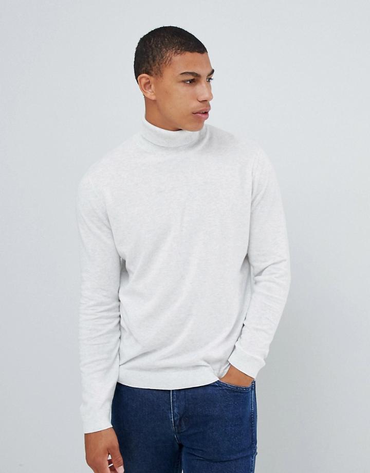 Asos Design Cotton Roll Neck Sweater In White Marl - White