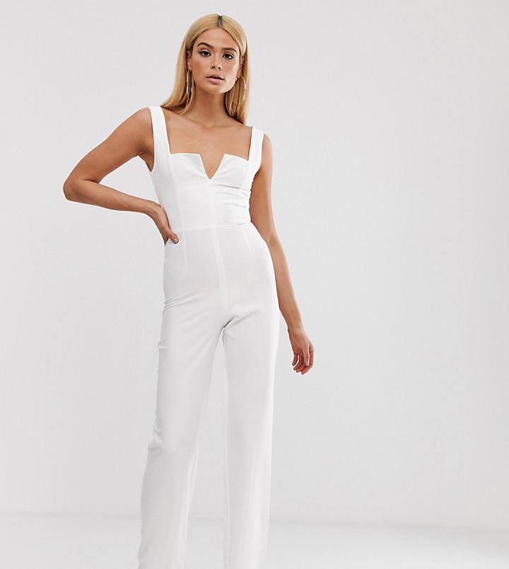 Vesper Tall Plunge Front Wide Leg Jumpsuit In White - White