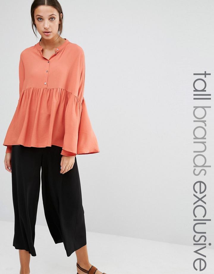 Y.a.s Tall Mari Long Sleeve Woven Top With Frill Hem - Orange