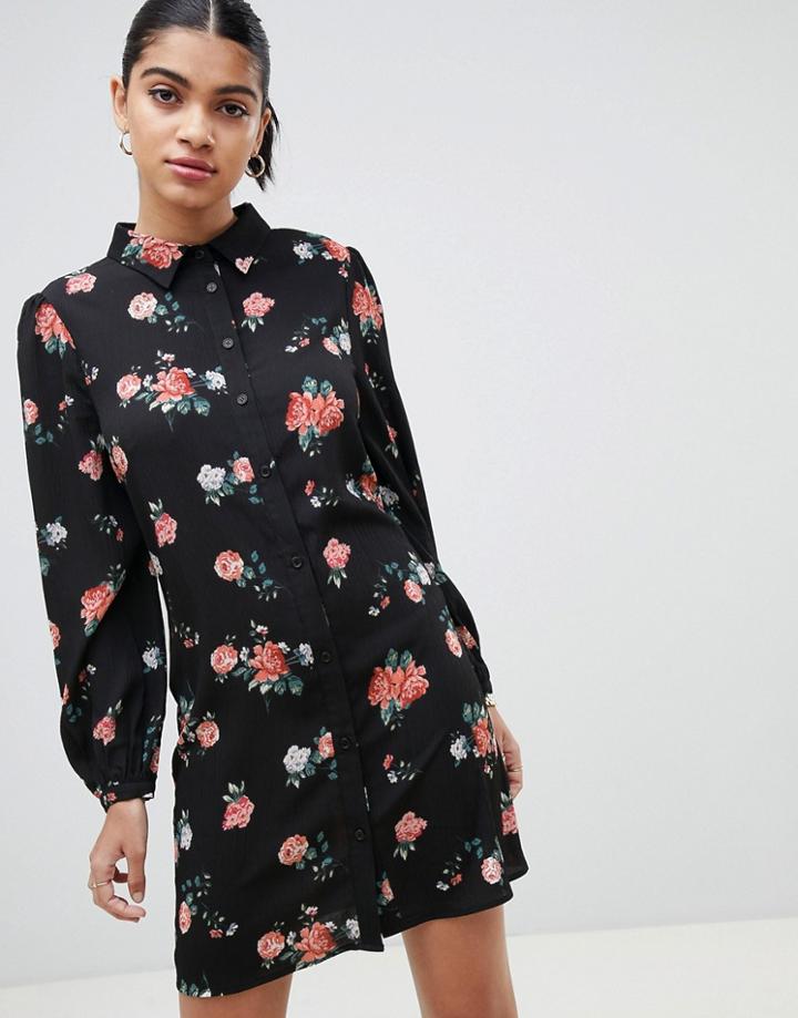 Fashion Union Long Sleeve Shirt Dress In Vintage Floral - Black