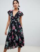 Asos Design Pleated Midi Dress With Flutter Sleeve In Floral Print - Multi