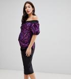 True Violet Maternity Scuba Bardot Puff Sleeve Midi Dress In Animal Print - Multi