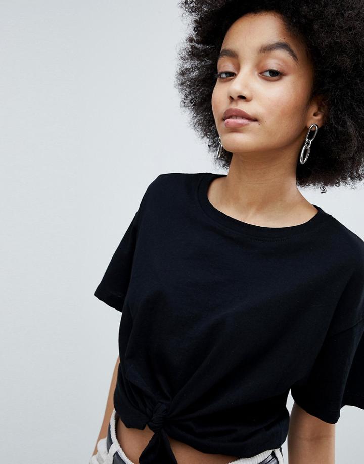 Bershka Organic Cotton Knot Front T-shirt - Black