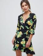Asos Ruffle Wrap Lemon Print Mini Dress - Multi