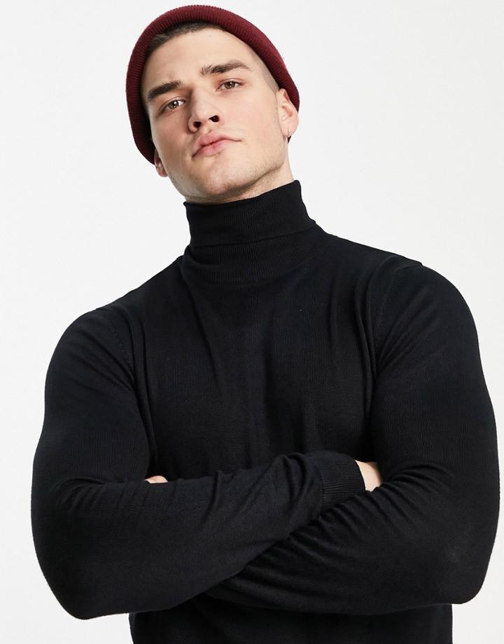 Pull & Bear Knitted Roll Neck Sweater In Black