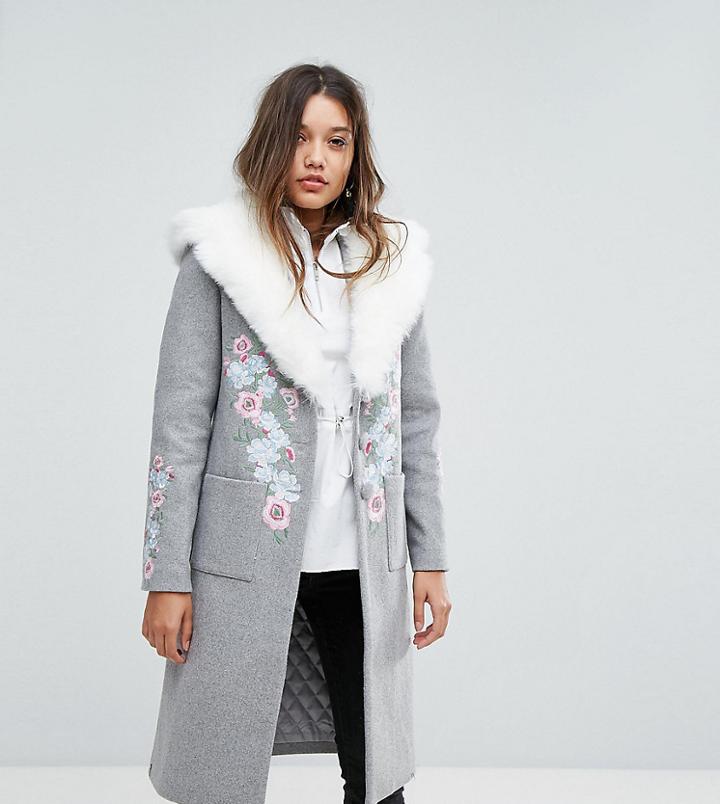 Dolly & Delicious Premium Embroidered Oversized Peacoat With Fluffy Collar Detail - Gray