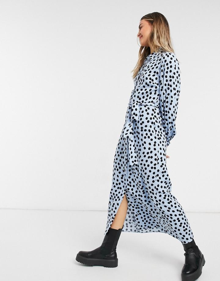 New Look Belted Midaxi Shirt Dress In Blue Polka Dot-blues