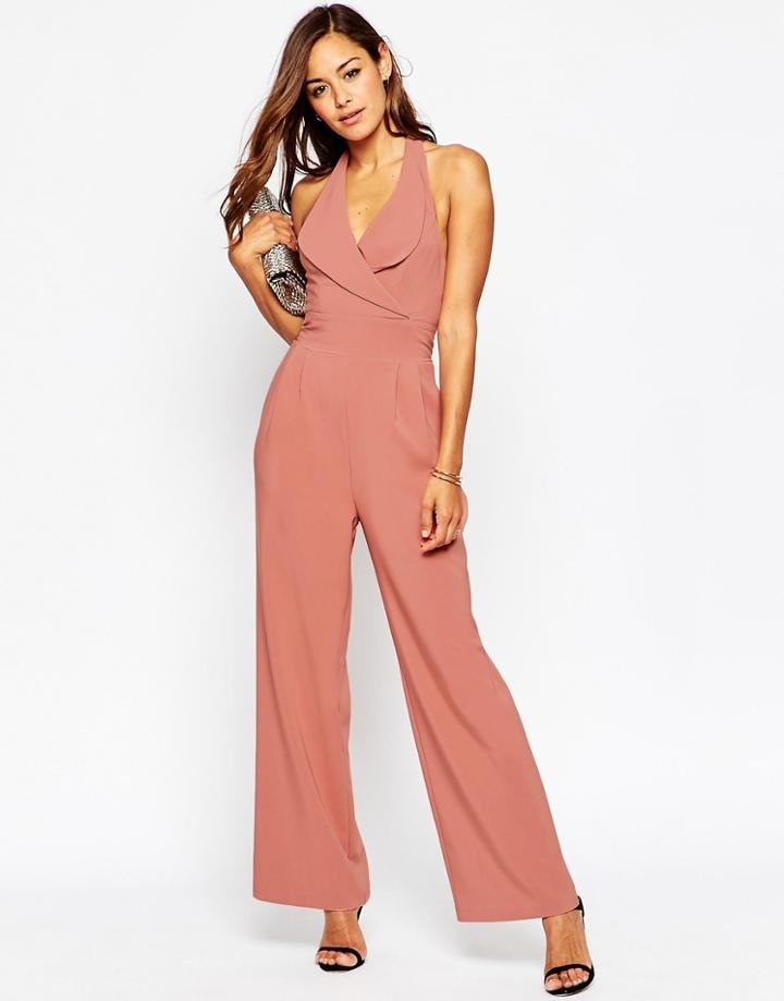 Asos Premium Halterneck Jumpsuit - Tan