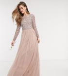 Maya Tall Bridesmaid Long Sleeve V Back Maxi Tulle Dress With Tonal Delicate Sequin In Taupe Blush-brown