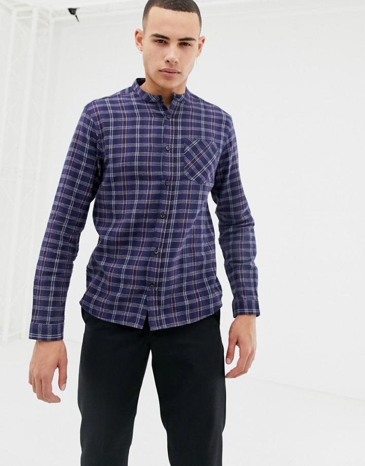 D-struct Long Sleeve Grandad Plaid Flannel Shirt - Red
