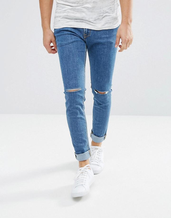 Jack & Jones Intelligence Skinny Fit Jean With Rip Knee - Blue