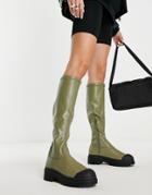 Public Desire Recognize Pull On Knee Boots In Khaki-green