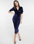 River Island Velvet Plunge Wrap Midi Dress In Navy