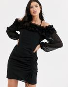 Fashion Union Ruffle Bardot Mini Dress In Dobby Mesh-black