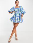 Asos Edition Puff Sleeve Empire Mini Dress In Abstract Blue Floral Print