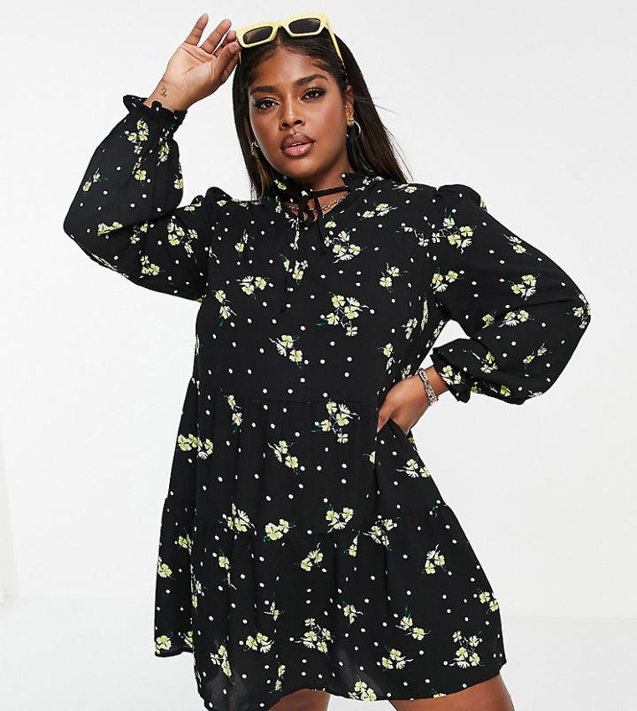 Simply Be High Neck Tiered Smock Dress In Black Floral Print-multi