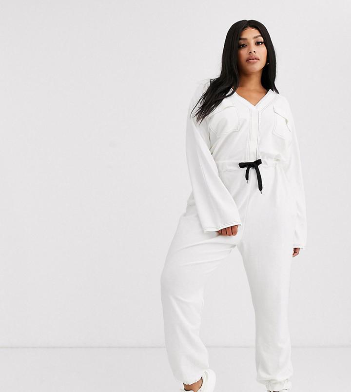 Asos Design Curve Contrast Stitch Pocket Front Jersey Boiler Jumpsuit-white