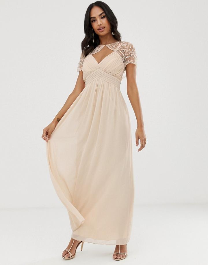 Little Mistress Detachable Embroidered Mesh Cape Chiffon Maxi Dress-beige