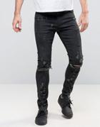 Asos Super Skinny Jeans With Abrasions And Knee Zip Rips In Black Coating - Black