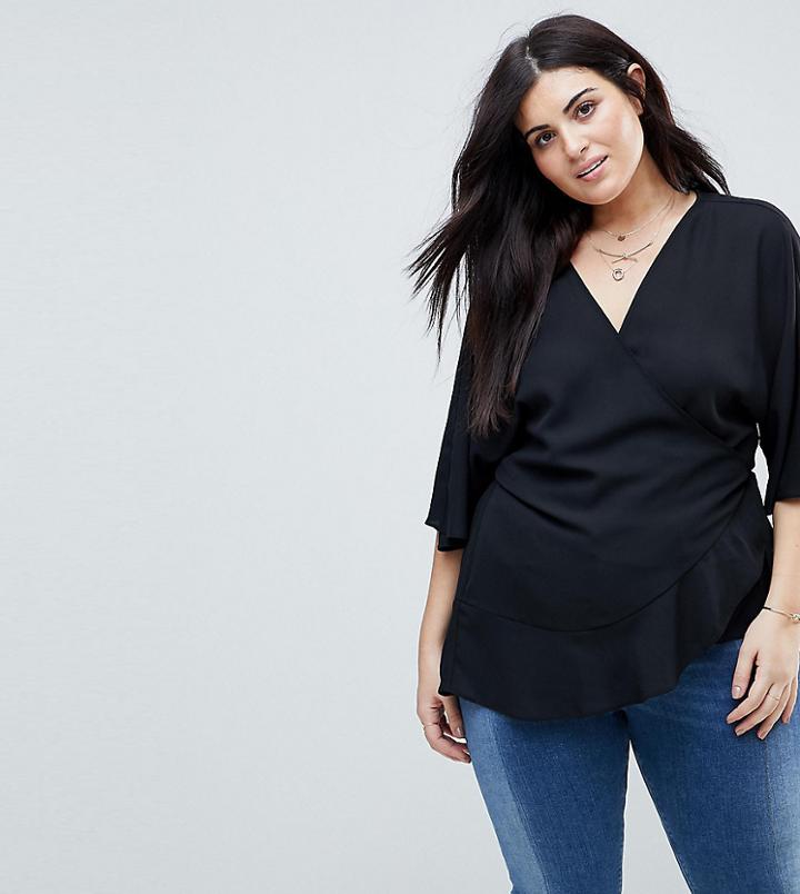 Asos Curve Wrap Top With Kimono Sleeve - Black