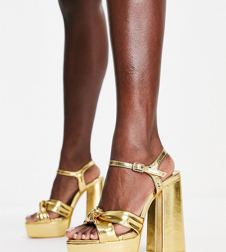 Public Desire Wide Fit Kiss Platform Heeled Sandals In Gold