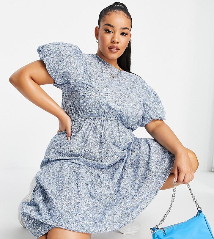 Influence Plus Puff Sleeve Cotton Poplin Midi Dress In Ditsy Floral Print-blues