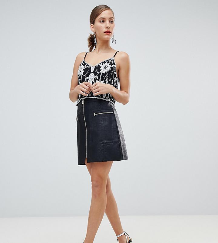River Island Faux Leather Zip Detail Skirt In Black - Black