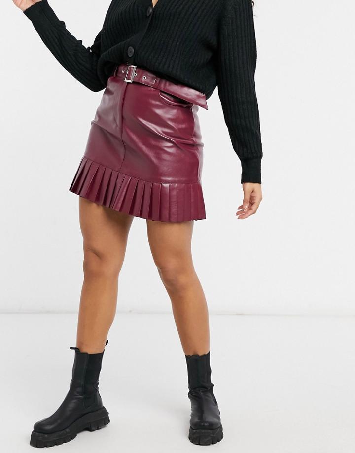 Violet Romance Belted Pu Mini Skirt With Pleated Hem In Burgundy-brown