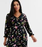 Simply Be Button Through Tea Dress In Black Floral-multi