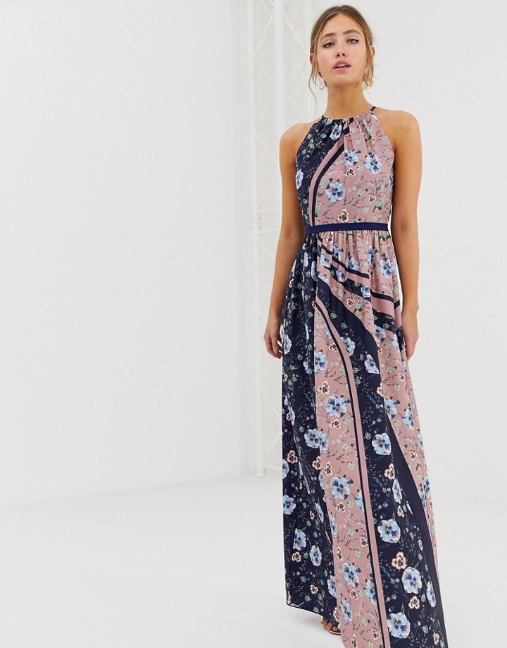 Little Mistress High Neck Floral Scarf Print Maxi Dress In Multi - Multi
