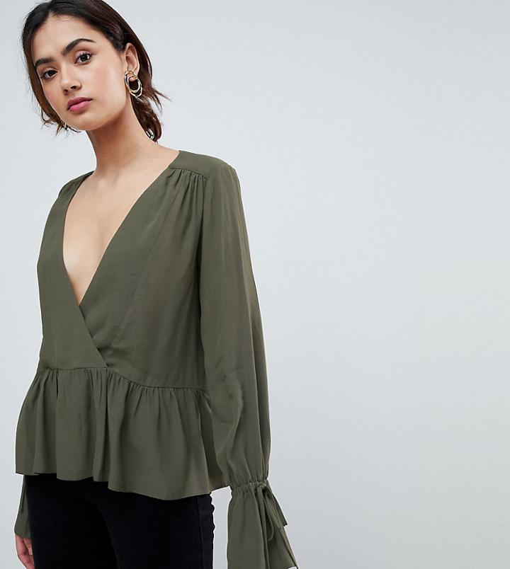 Asos Tall Oversized Wrap Blouse With Dip Hem - Green