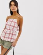 New Look Peplum Tie Back Top In Red Check-pink