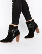 Warehouse Suede And Leather Buckle Ankle Boots - Black