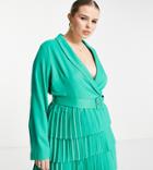 In The Style Plus Exclusive X Dani Dyer Plunge Front Blazer Dress With Pleated Skirt In Green