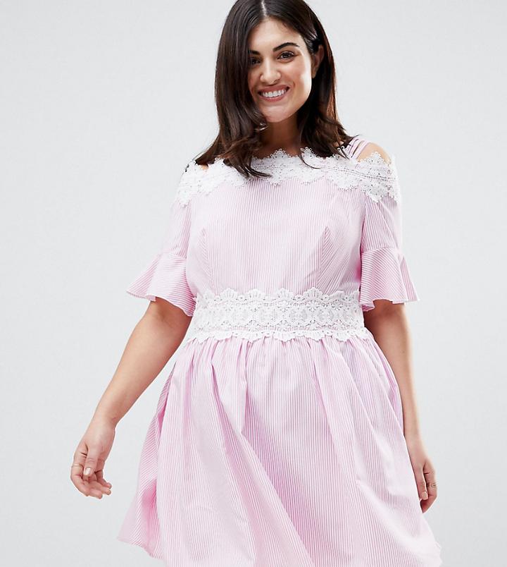 Koko Stripe Lace Trim Cold Shoulder Skater Dress - Pink