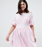 Koko Stripe Lace Trim Cold Shoulder Skater Dress - Pink