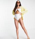 Asos Design Tall 00s Micro Strapping Bandeau Swimsuit In Pure White