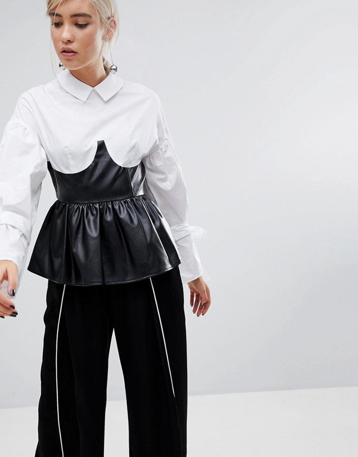 Lost Ink Shirt With Tie Sleeves And Faux Leather Corset Peplum - White