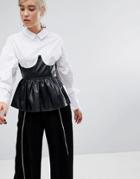 Lost Ink Shirt With Tie Sleeves And Faux Leather Corset Peplum - White