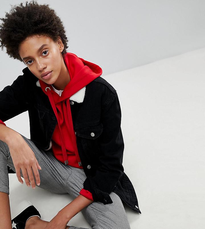 Stradivarius Denim Jacket With Faux Fur Collar-black