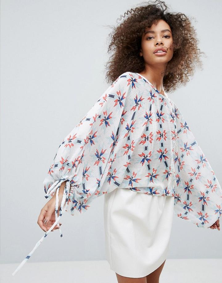 Traffic People Long Sleeve Printed Top With Tie Detail - Orange