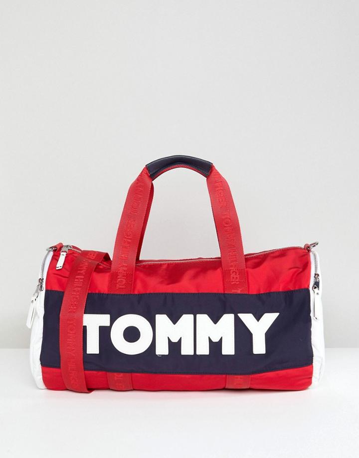 Tommy Hilfiger Logo Color Block Nylon Barrel Carryall - Red