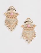 Asos Design Earrings With Textured Drop And Hanging Pendants In Gold Tone - Gold