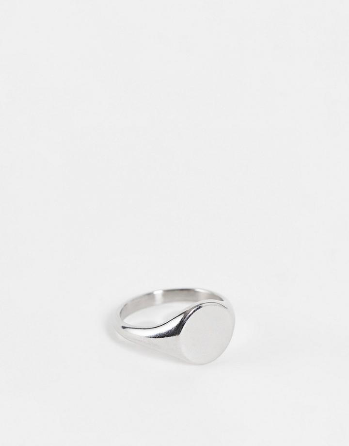 Asos Design Waterproof Stainless Steel Signet Ring In Silver Tone