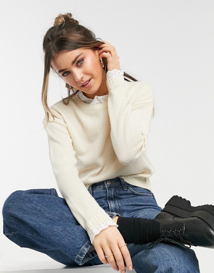Brave Soul Sweetie Lace Insert Sweater In Stone-black