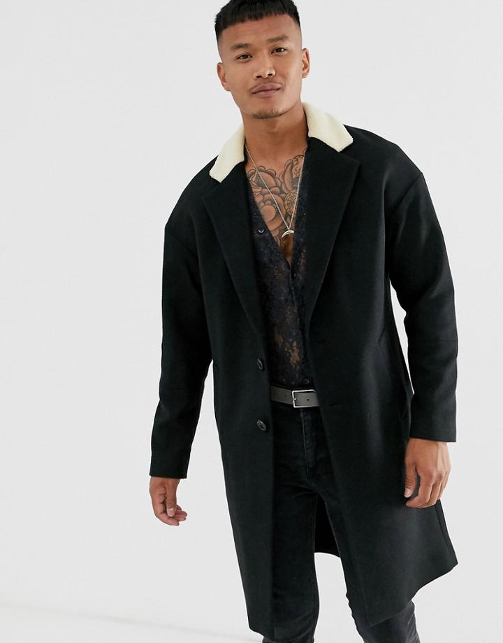 Religion Drop Shoulder Overcoat With Fleece Collar In Black
